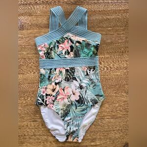 Floral One-Piece Swimsuit with Mint Trim